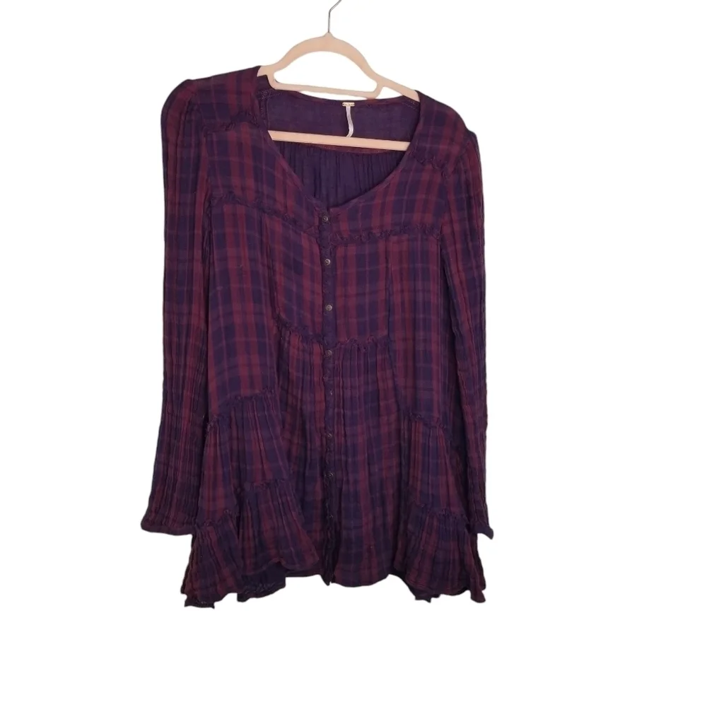 Free People Whistle While You Work plaid gauze button up swingy babydoll top